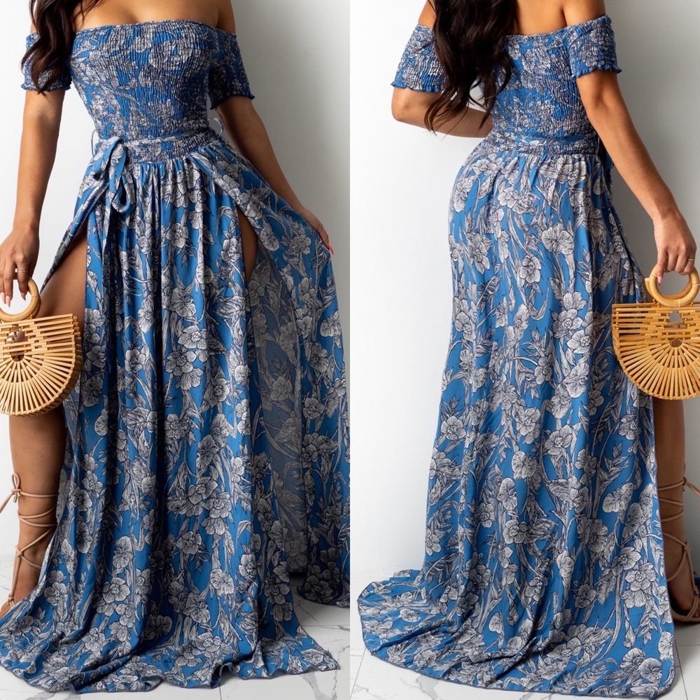 . Touch Dolls Blue Multi Floral Off The Shoulder Smocked Split Tie Maxi Dress
